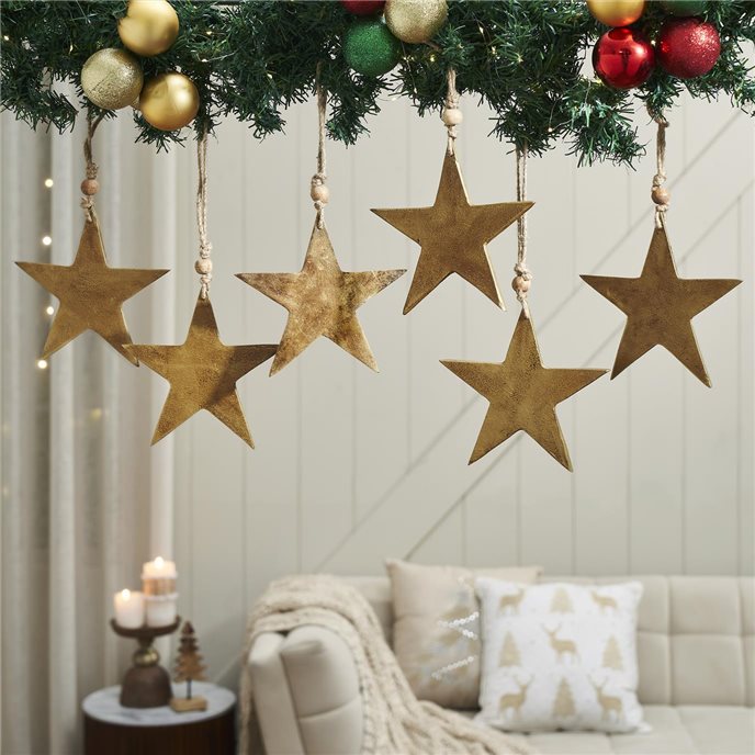 Antique Gold Metal Star Ornament Set of 6 - 6 inch Thumbnail