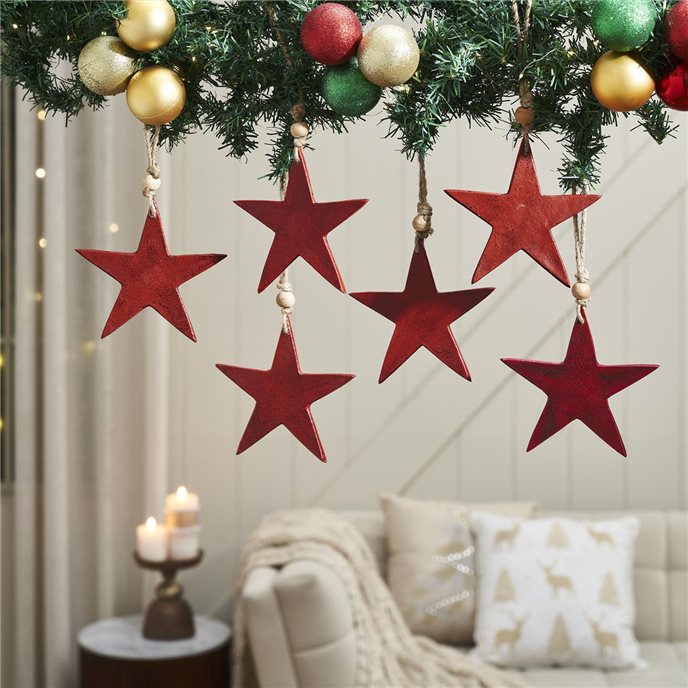 Antique Red Metal Star Ornament Set of 6 - 6 inch Thumbnail