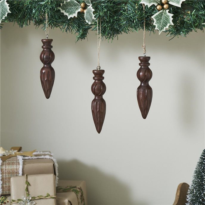 Festive Finial Dark Wooden Ornament Set of 3 - 5.5 inch Thumbnail