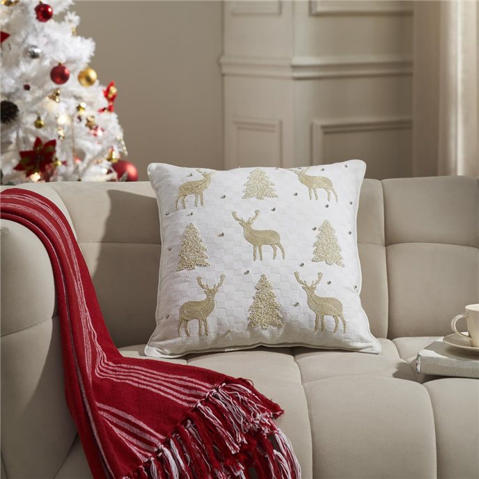 Golden Deer and Pine Embroidered Pillow 18x18 Thumbnail
