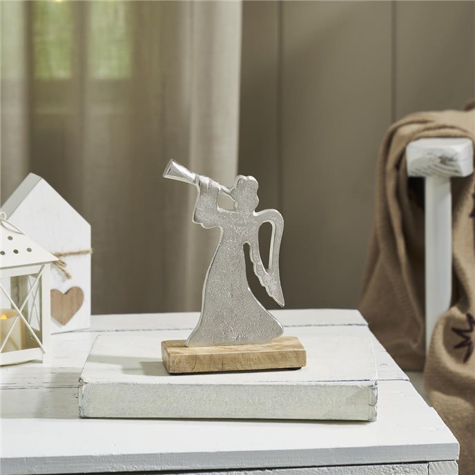 Hark the Herald Metal Angel on Wooden Stand 6.75x4.5x2 Thumbnail