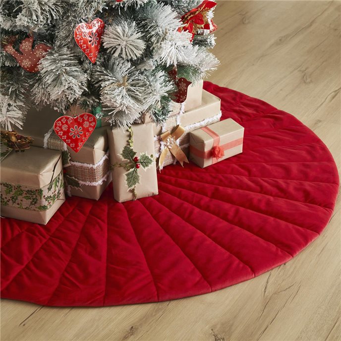 Quilted Red Velvet Tree Skirt with White Bow Ties 48 Thumbnail