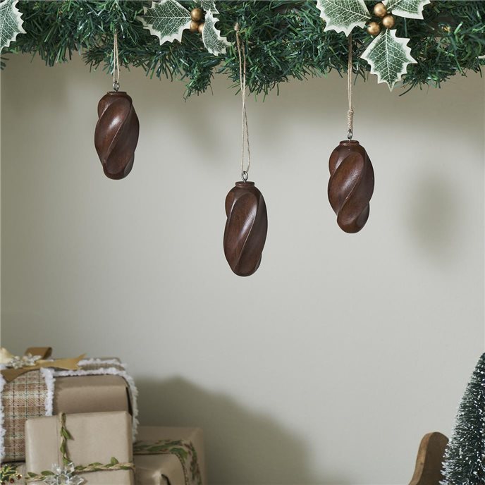 Swirling Dark Wooden Ornament Set of 3 - 4 inch Thumbnail